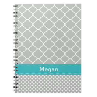 Carnet Motif pois Aqua et Grey Nom personnalisé