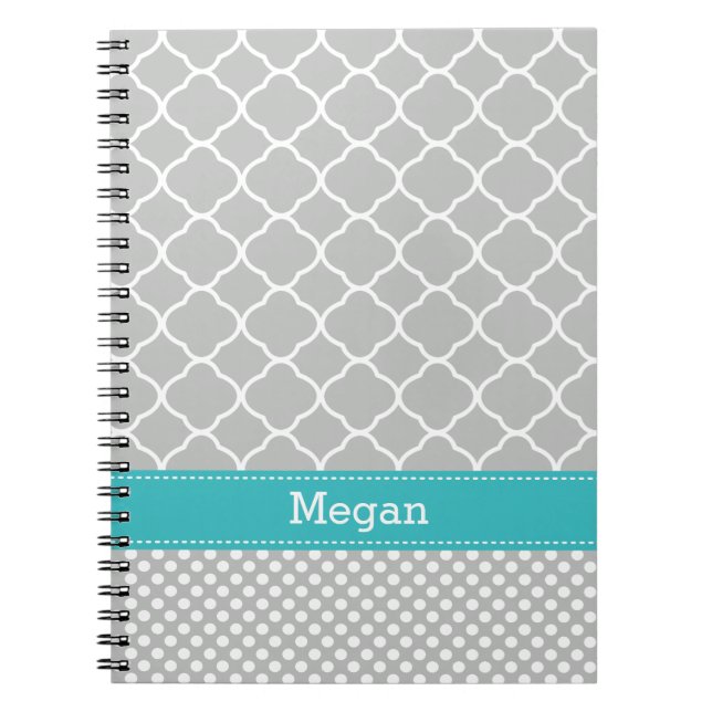 Carnet Motif pois Aqua et Grey Nom personnalisé (Devant)