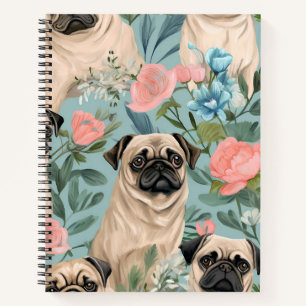 Carnet Motif Pug floral vintage Chien botanique mignon