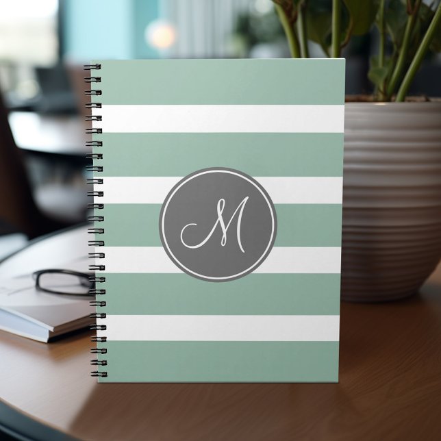 Carnet Motif rayé gris et menthe avec Monogramme (Personalized notebook - add your name or other text)
