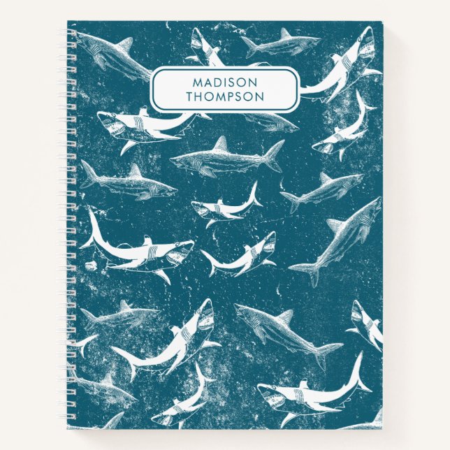 Carnet Motif Requin Bleu en Distress avec Nom Personnalis (Devant)