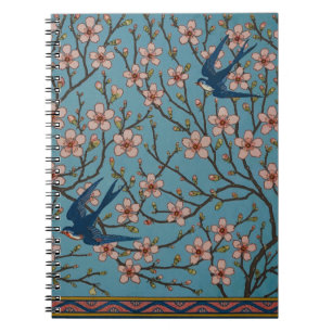 Carnet Motif rétro de l'hirondelle à fleurs bleues par Wa