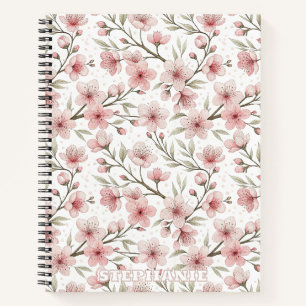 Carnet Motif Sakura en fleurs de cerises roses sur blanc 