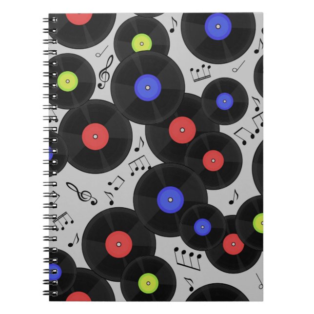 Carnet Motif sans couture avec disques vinyles et notes. (Devant)