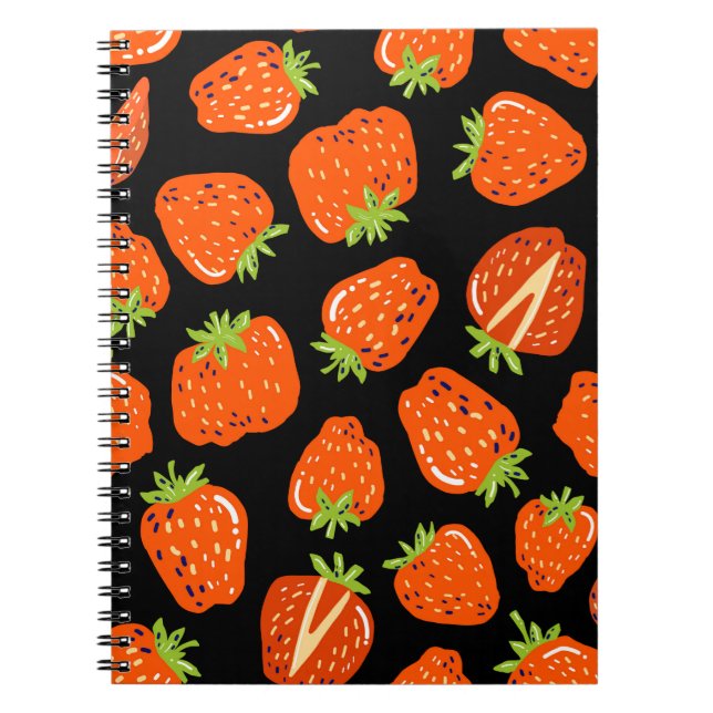 Carnet Motif sans couture avec petites fraises sur noir (Devant)