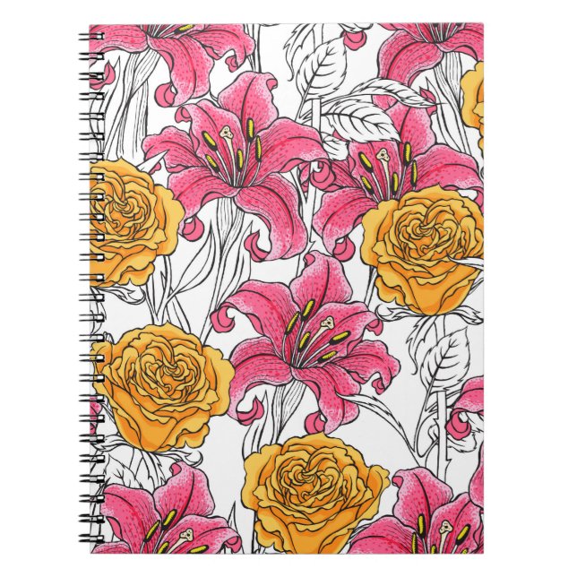 Carnet Motif sans couture avec roses et lys. Main dessiné (Devant)