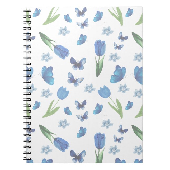 Carnet Motif sans couture de tulipe bleue et de papillon (Devant)