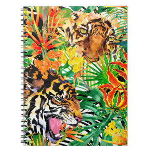 Carnet motif sans couture tropicale avec tigre. aquarelle