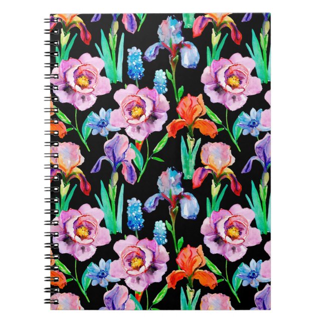 Carnet Motif sans joint avec fleurs Iris et Peony, Eau (Devant)