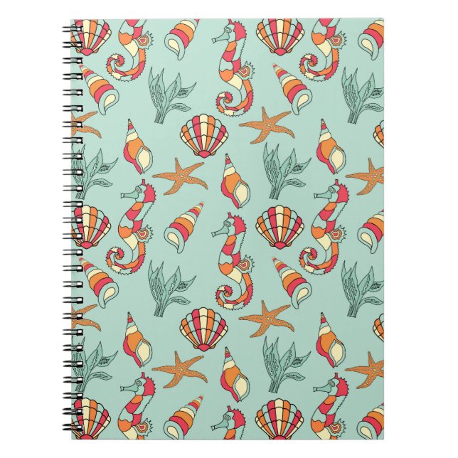 Carnet Motif Seahorse et Seashell Turquoise (Devant)