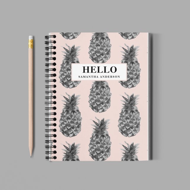 Carnet Motif Tropical Grey & Rose Ananas Avec Nom (Créateur téléchargé)