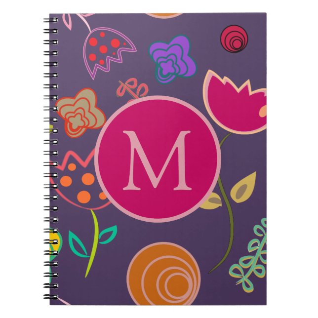 Carnet Motif tulipe funky monogramme violet (Devant)