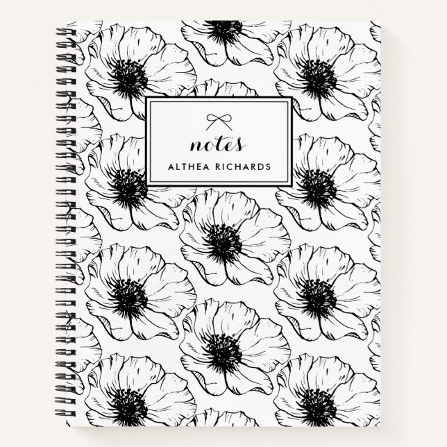 Carnet Motif vintage d'anémones noir et blanc (Devant)