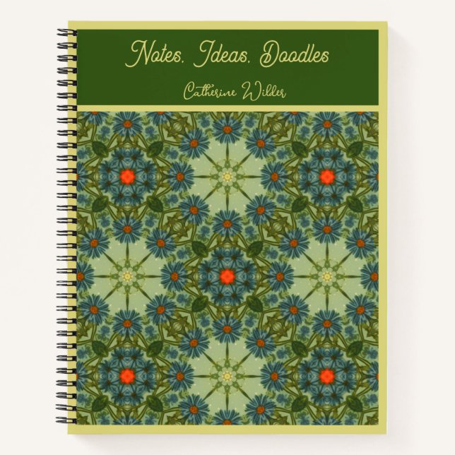 Carnet motif vintage en vert avec fleurs bleues (Devant)