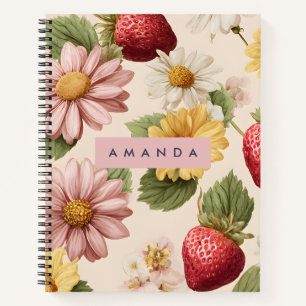 Carnet Motif Vintage personnalisé de fraises et de fleurs