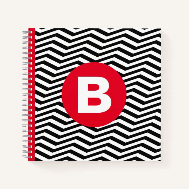 Carnet Motif Zig Zag Noir et Blanc Monogramme Rouge (Devant)