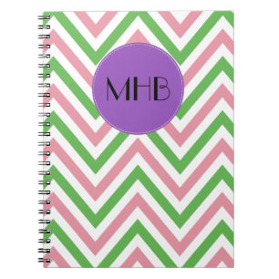 Carnet Motif Zigzag, Chevron, Rose, Vert, Monogramme