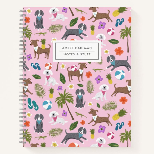 Carnet Motifs Tropicaux de Chiots Mignons | Rose (Devant)