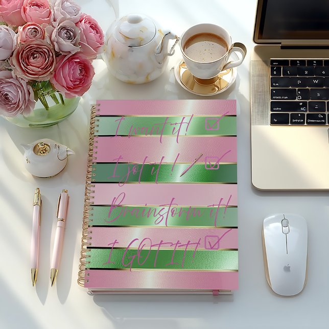 Carnet Motivational Luxe Pink and Green Striped  (Stylish Pink and Green Striped Notebook Journal-Glossy Soft Cover Shown also available in Hard Matte)