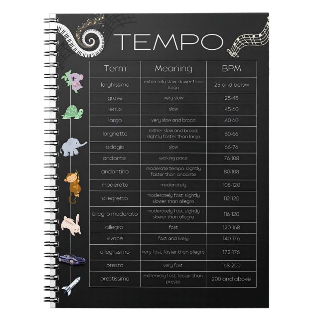 Carnet Music Tempo Chart spiral notebook (Devant)