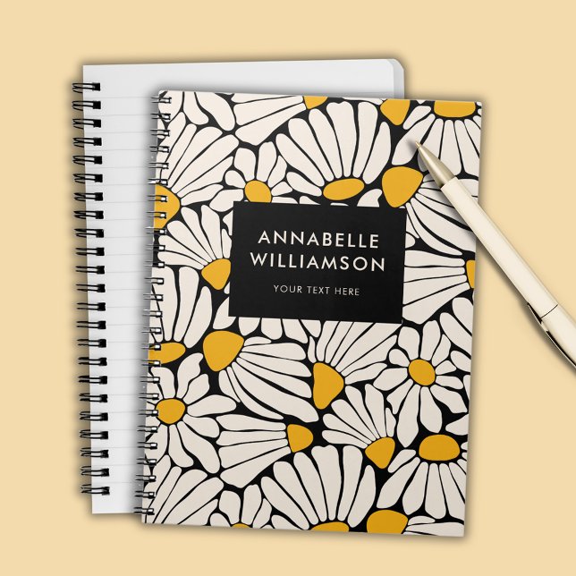 Carnet Mustard floral rétro jaune noir (Retro floral daisy dream notebook)