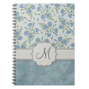 Carnet Myosotis bleu floral et de marbre avec le monogram