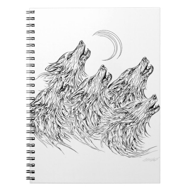 Carnet Mystical Black White Howling Wolves Art (Devant)