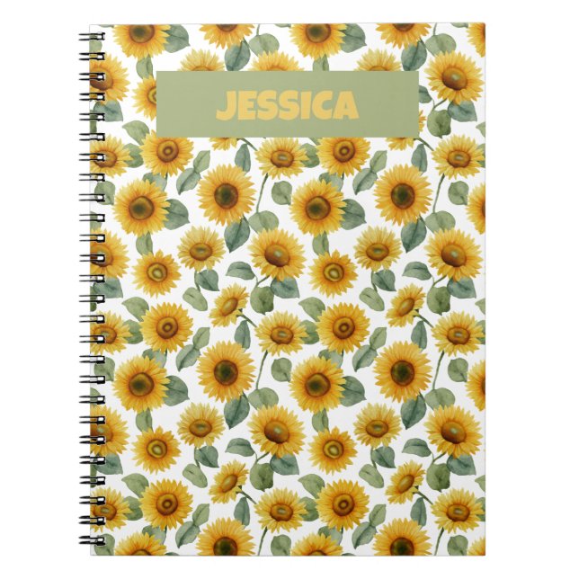 Carnet Name Watercolor Sunflower Floral Pattern Custom (Devant)