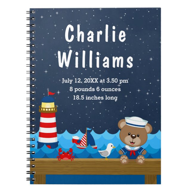 Carnet Nautical Boy Bear Statistiques de naissance de la  (Devant)