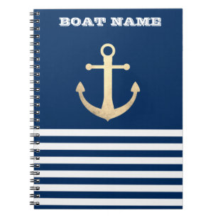 Carnet Nautical, Gold Anchor Navy Blue Striped