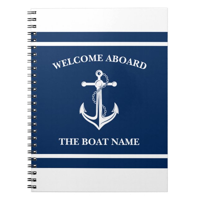 Carnet Nautical Navy Blue Welcome Aboard Nom du bateau An (Devant)