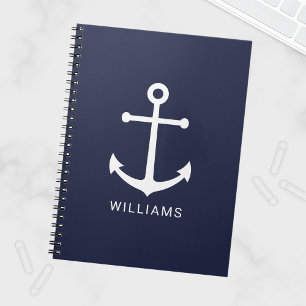 Carnet Nautical White Anchor and Custom Nom on Navy Blue