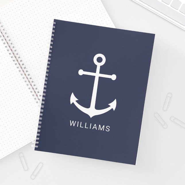 Carnet Nautical White Anchor and Custom Nom on Navy Blue (Créateur téléchargé)