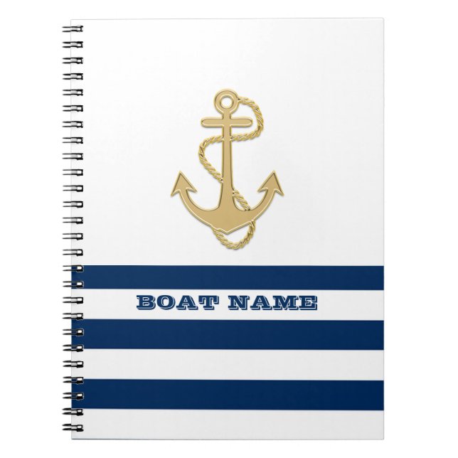 Carnet Nautique, Ancre d'Or  Bleu Marine Rayures Blanches (Devant)