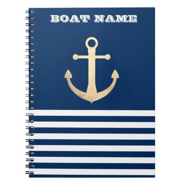 Carnet Nautique, Ancre Dorée Rayures Bleu Marine (Devant)
