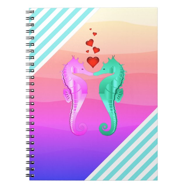 Carnet Nautique aqua/rose/hippocampes embrasser le coeur  (Devant)