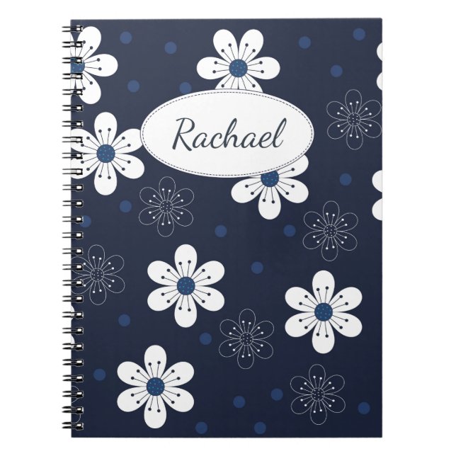 Carnet Navy Blue Pretty Floral Personalised (Devant)