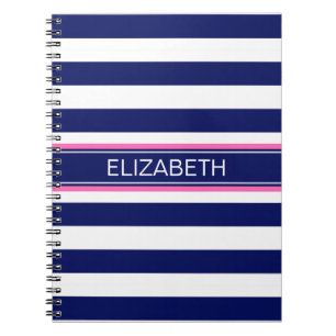 Carnet Navy Blue Wht Horiz Stripe Hot Pink Nom Monogramme