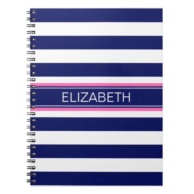 Carnet Navy Blue Wht Horiz Stripe Hot Pink Nom Monogramme (Devant)