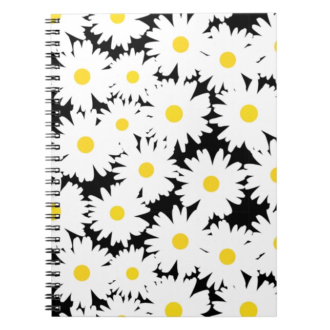 Carnet Négative Space Daisies blanc jaune sur noir (Devant)