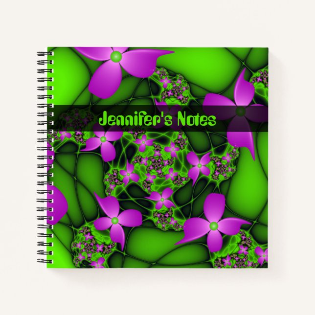 Carnet Neon Abstrait moderne rose vert Art Fleurs Nom (Devant)