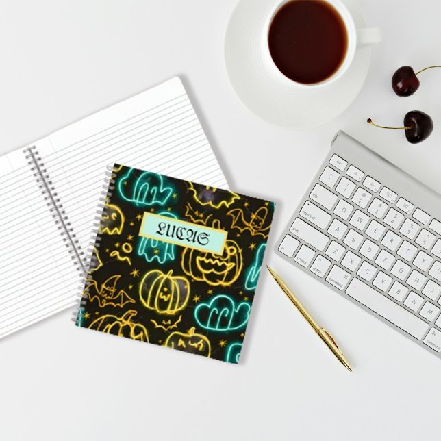 Carnet Neon Éffrayant Halloween Ghost Bats Motif Citrouil (Créateur téléchargé)