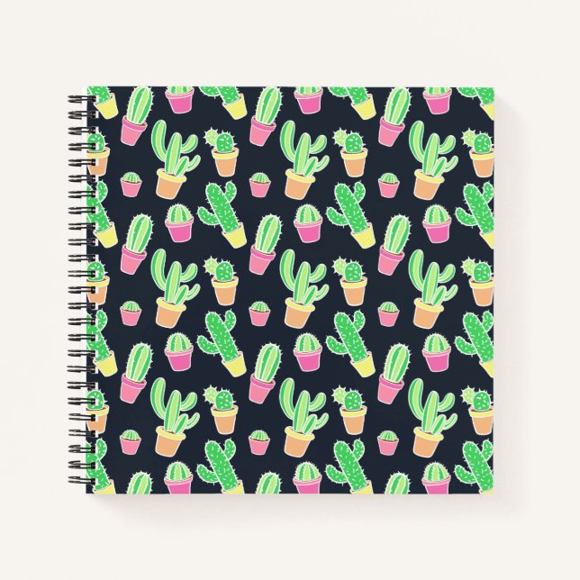 Carnet Neon Watercolor Cactus dans les pots Motif (Devant)