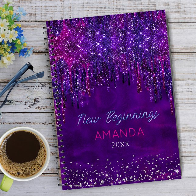 Carnet New beginnings Purple faux glitter Drips large (Créateur téléchargé)