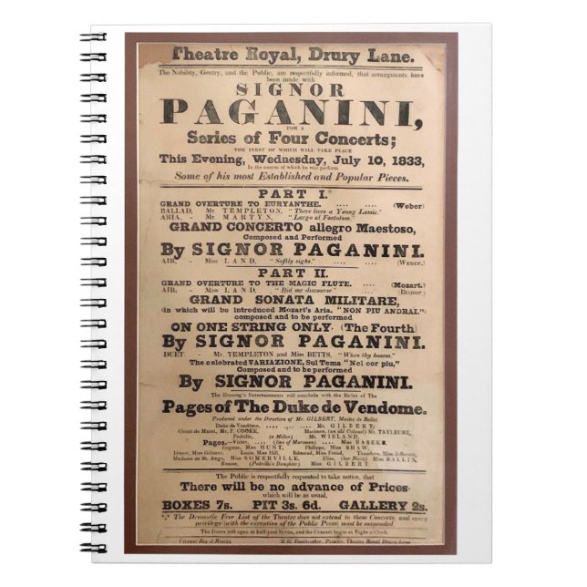 Carnet Niccolò Paganini poster de concert Drury Lane Lond (Devant)