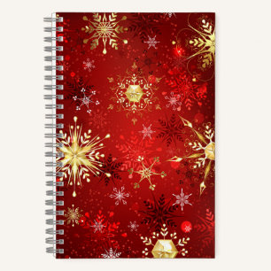 Carnet Noël Golden Snowflakes sur Arrière - plan rouge