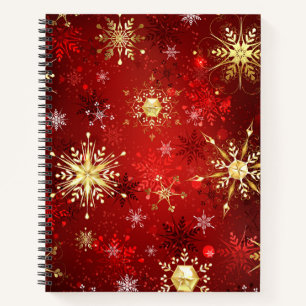 Carnet Noël Golden Snowflakes sur Arrière - plan rouge