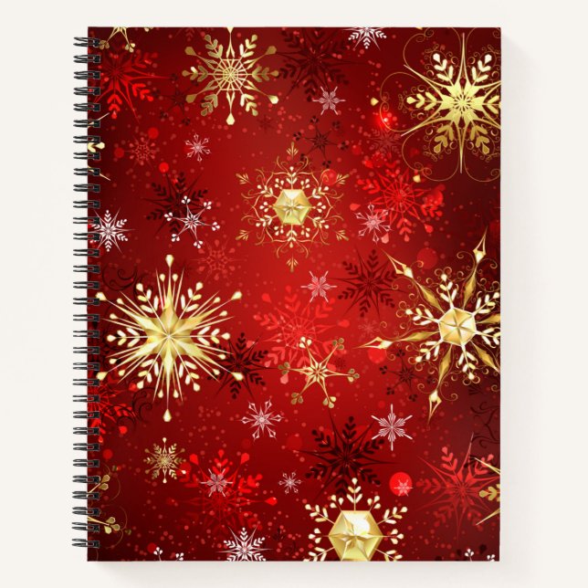 Carnet Noël Golden Snowflakes sur Arrière - plan rouge (Devant)
