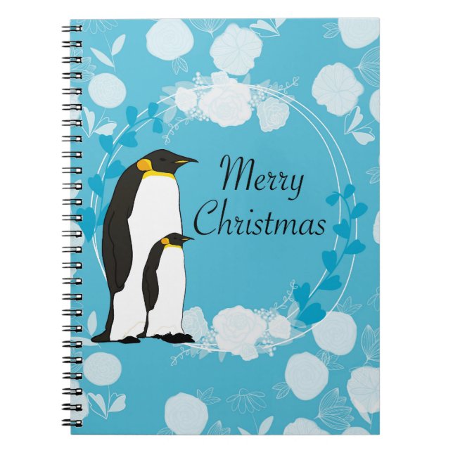 Carnet noël, noël, pingouin, fleurs, bleu, (Devant)