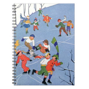 Carnet Noël vintage, enfants faisant du patin à glace sur
